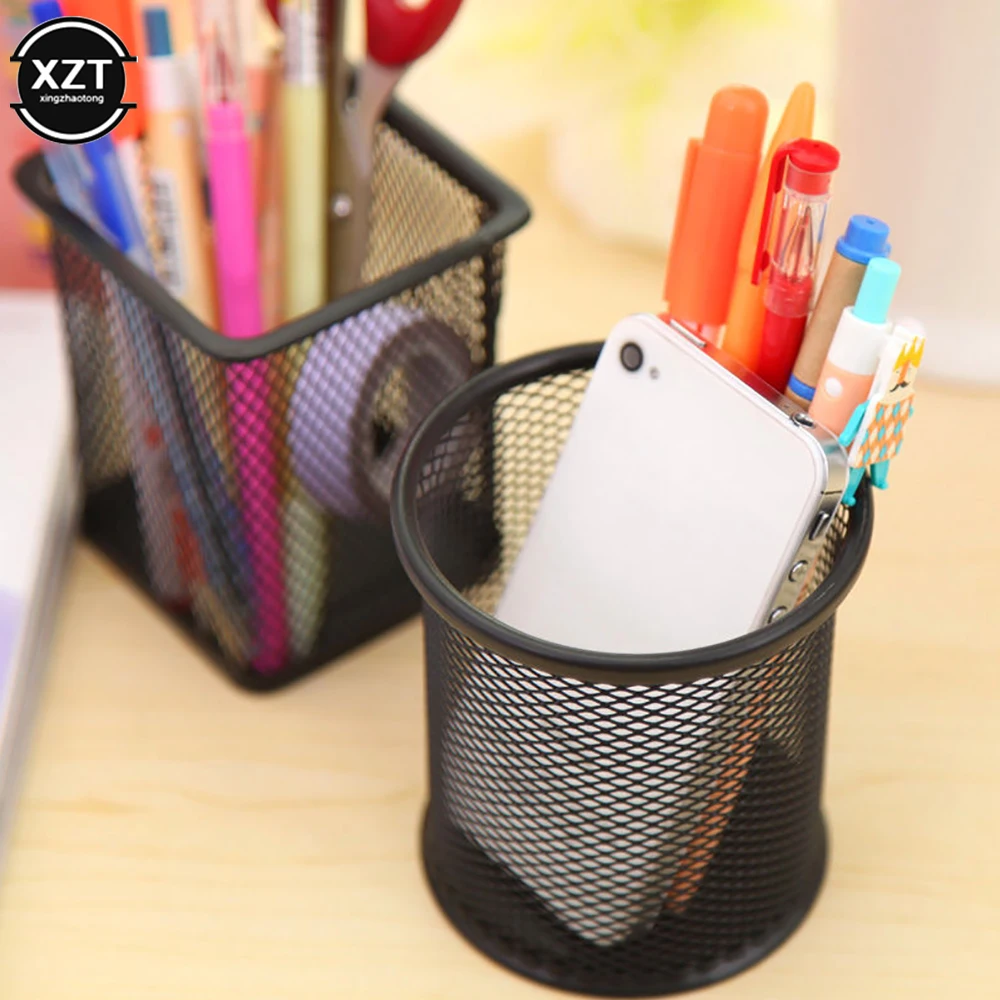 Pencil Holder Pencil Stationery Metal Round Square Mesh Organizer Container Organizer Desktop Office Supplies