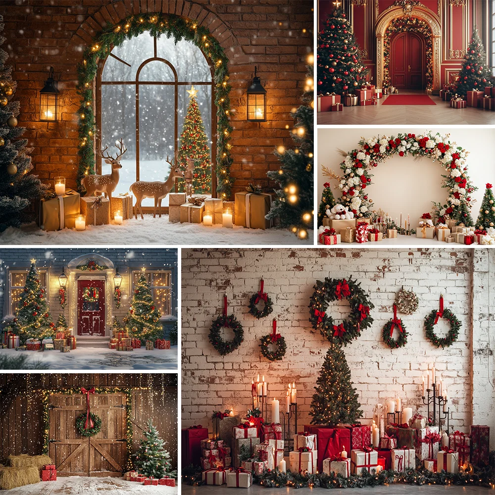 

Christmas Photography Backdrop Xmas Tree Wreath Elk Brick Wall Window Snow Scene Family Portrait Photo Background Props
