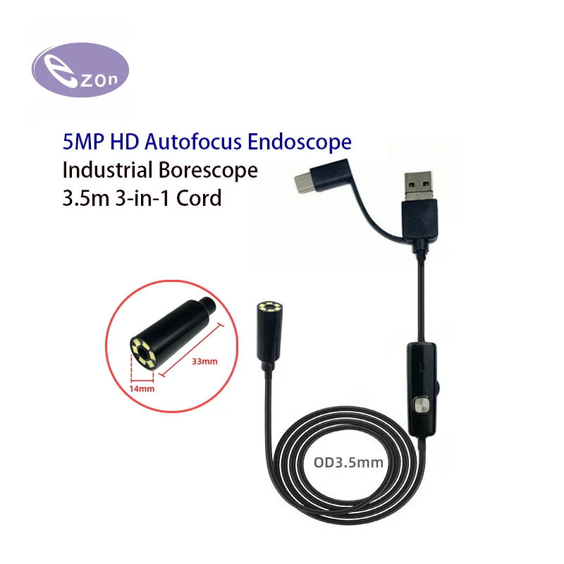 Endoscopio USB con messa a fuoco automatica HD da 5mp endoscopio industriale cavo 3 in 1 da 3.5m