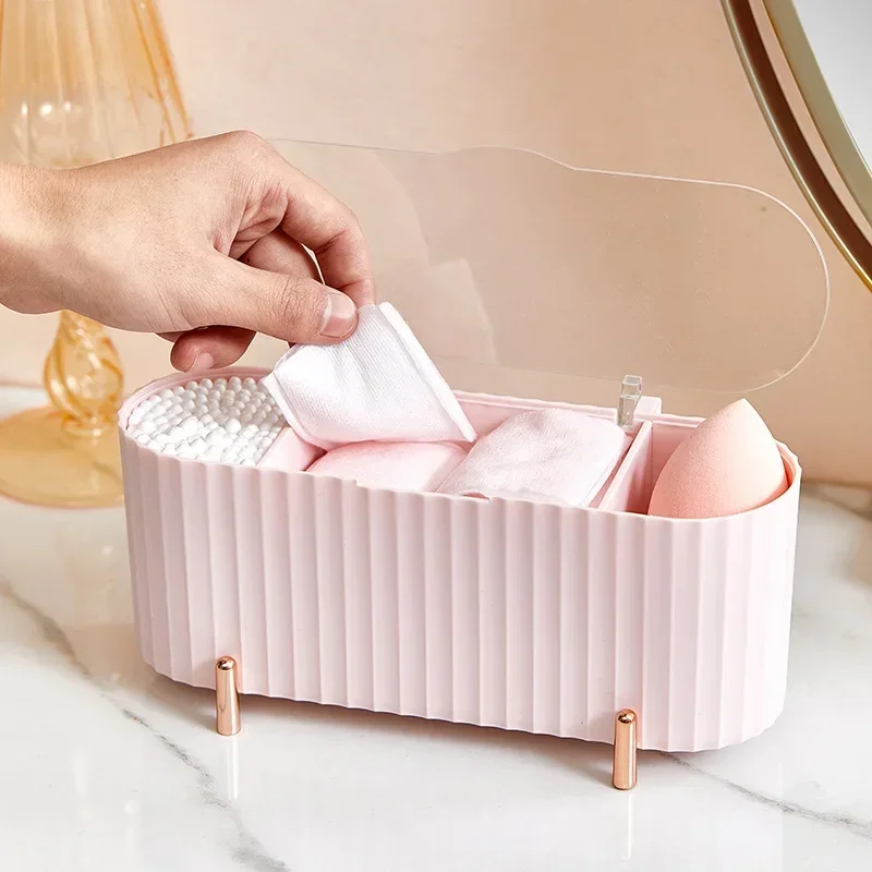 

New Cosmetic Cotton Storage Box with Transparent Lid Desktop Dustproof Makeup Powder Puff Lipstick Organizer