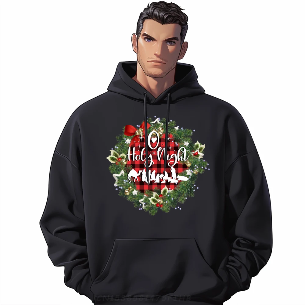 

O Holy Night Nativity Christmas Wreath Red Buffalo Plaid Sports Hoodie Men Man Vintage Tee Hoodie