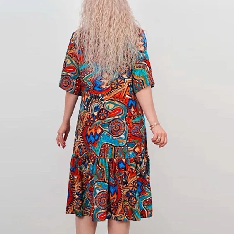 プラスサイズワンピース 夏 カジュアル Vネック 半袖 ゆったり ビーチ ホリデー レディース ゆったり パーティー ミディ丈ワンピース ボヘミアン