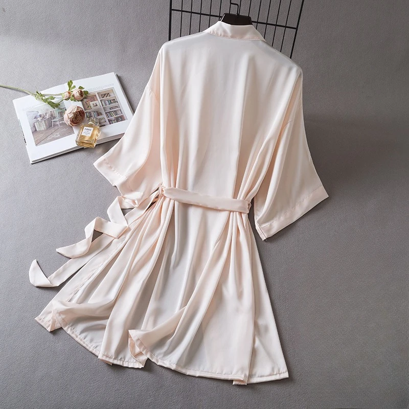 V-Neck Bathrobe Sleep Dress Ice Silk Nightdress Robe Women Nightgown Home Clothing Summer Kimono Sleepwear Dressing Gown