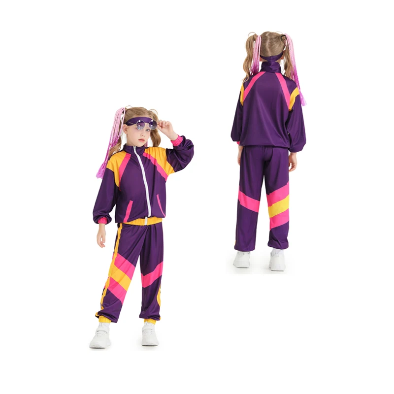 

Boys Girls Kids 80s 90s Retro Hip-hop Dance Suit Stage Blue Pink Purple Costume Coat Chirdren Pants Sportwear Clothes Disguise