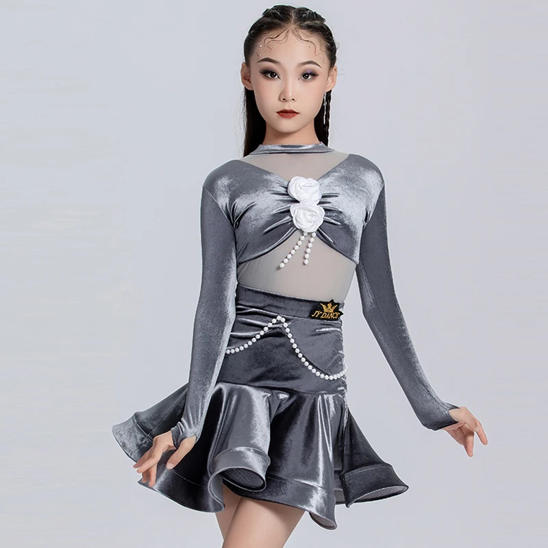 어린이 볼룸 댄스 전문 의류, 소녀 벨벳 라틴 댄스 드레스, 어린이 볼룸 댄스 코스튬 무대 착용, SL11835