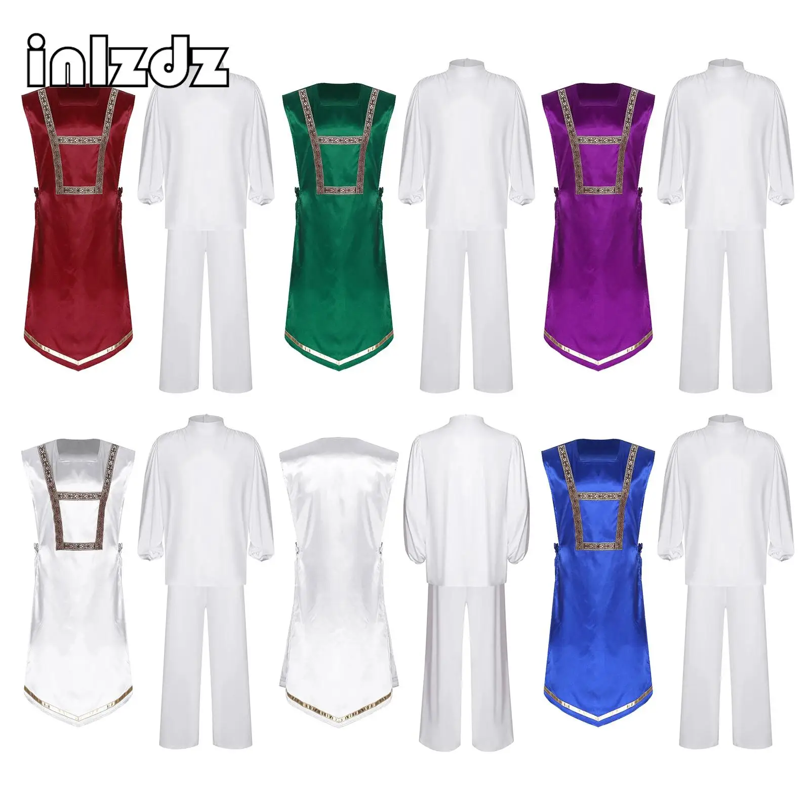 

Mens Liturgical Worship Dance Outfit Lyrical Praise Stage Performance Set Long Sleeve Pullover Shirt+Tunic Ves+Pants 3-piece Set