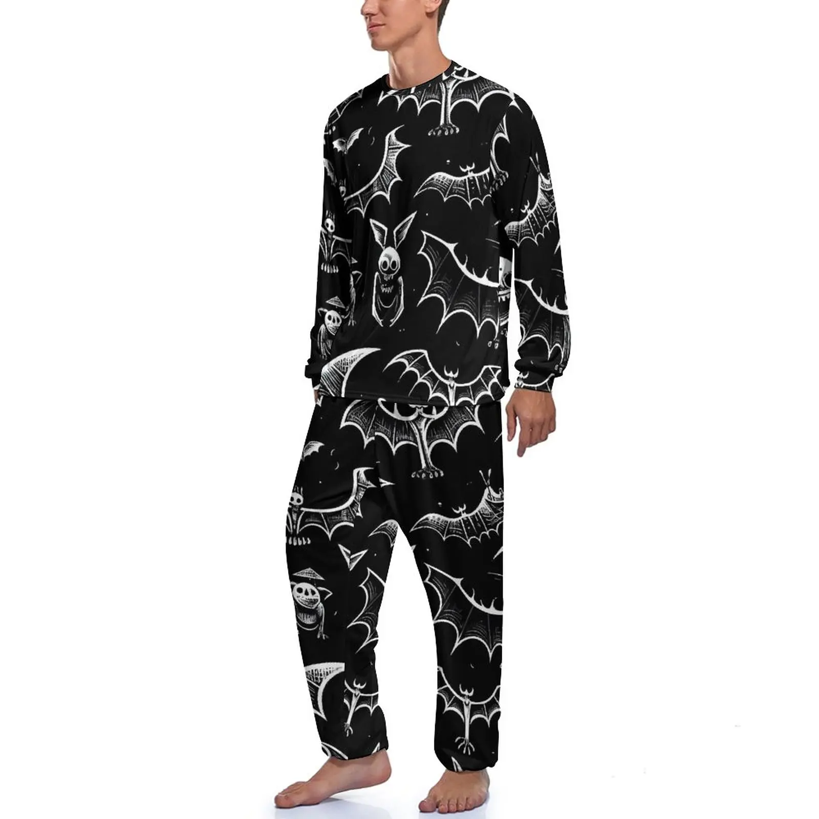 Bat Sketches Pajamas Autumn Halloween Print Bedroom Nightwear Male Two Piece Printed Long Sleeve Soft Pajama Sets