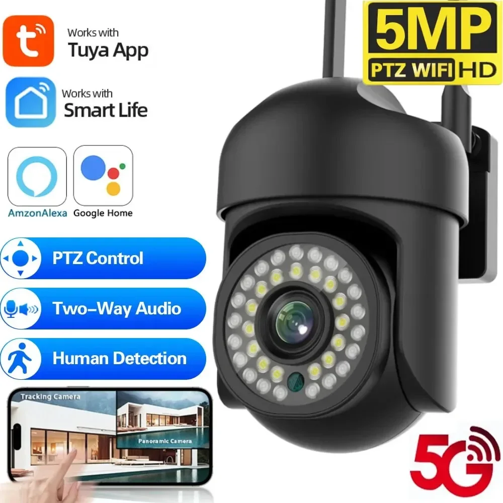 Caméra de surveillance extérieure PTZ WiFi HD 5G, vision nocturne infrarouge, suivi automatique humain AI, surveillance de sécurité, 5MP, 2.4 mesurz, Tuya