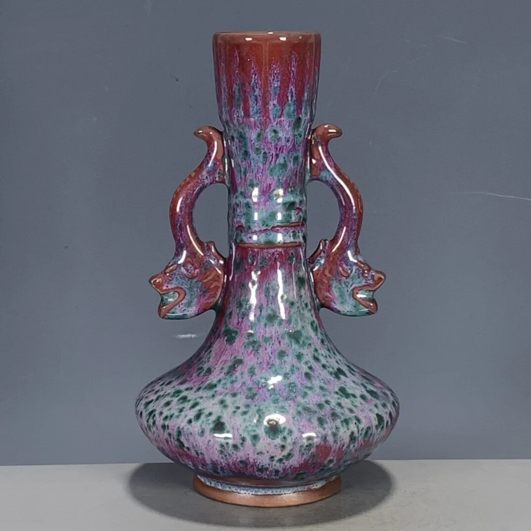 Chinese Exquisite Porcelain Jun Kiln Red Glaze Kiln Change Double Eared Vase 7.08''