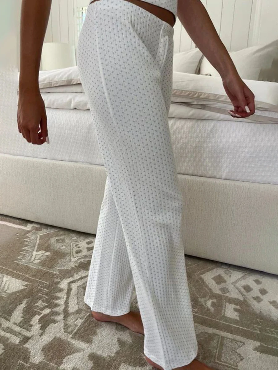 Blue Heart Eyelet Long Pants Women Summer Beige Elastic High Waist Straight Trousers Sweet Girls Casual Cotton Home Pant Y2k