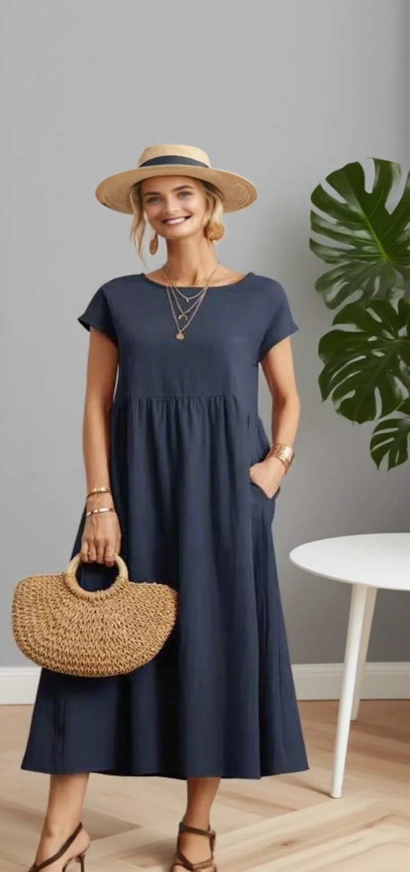 Vestido retro de cor sólida feminino 2025 verão elegante em torno do pescoço vestido de manga curta feminino casual solto saia de sol saia longa