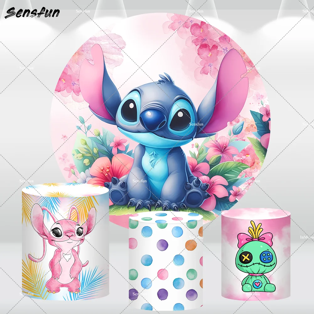 

Disney Lilo and Stitch Round Backdrop for Girls Baby Shower Decoration Flower Angel Birthday Candy Table Banner Cylinder Covers