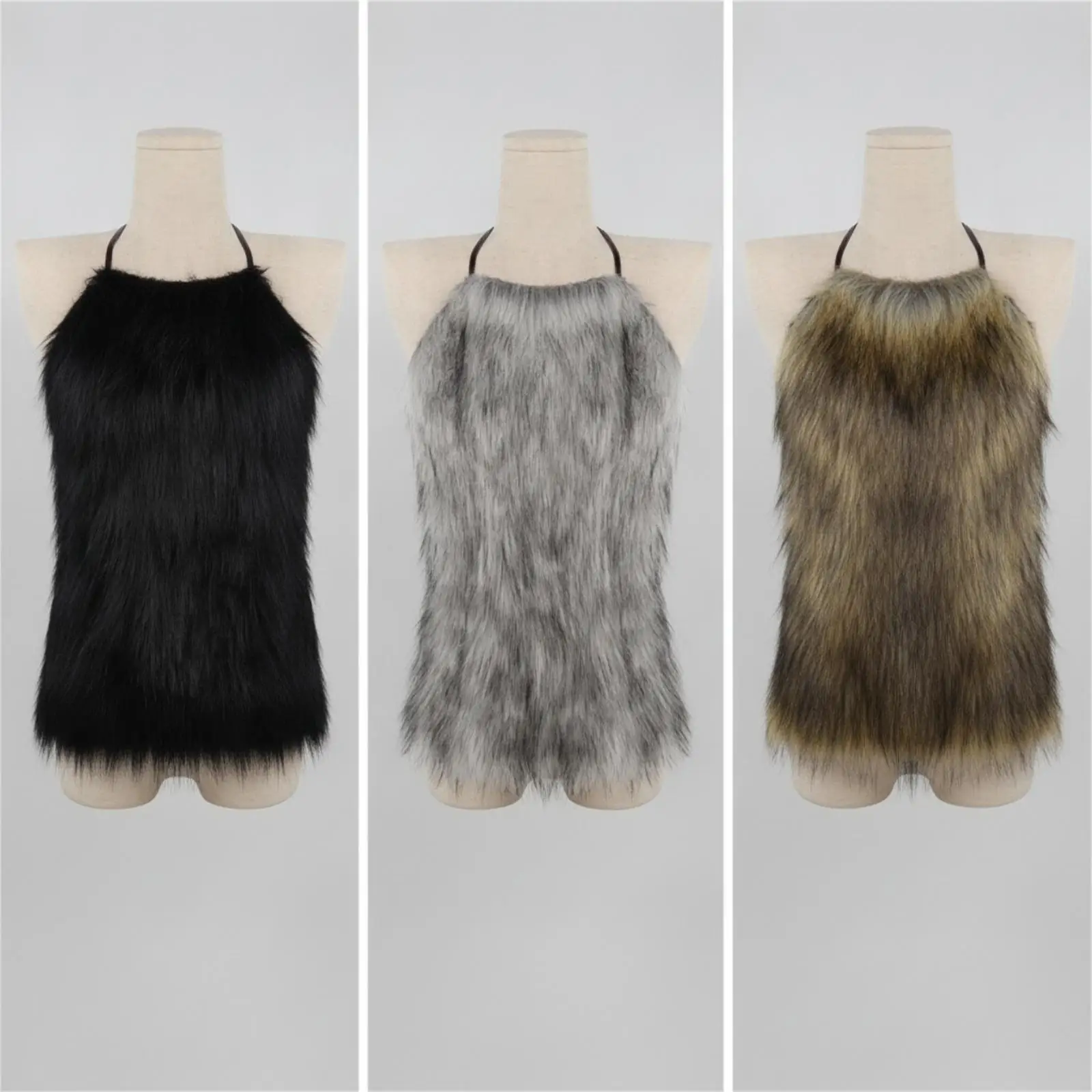 Faux Fur Halloween Cosplay Tunic Costume for Adults Sleeveless Halter Neck for Caveman Fantasy Play
