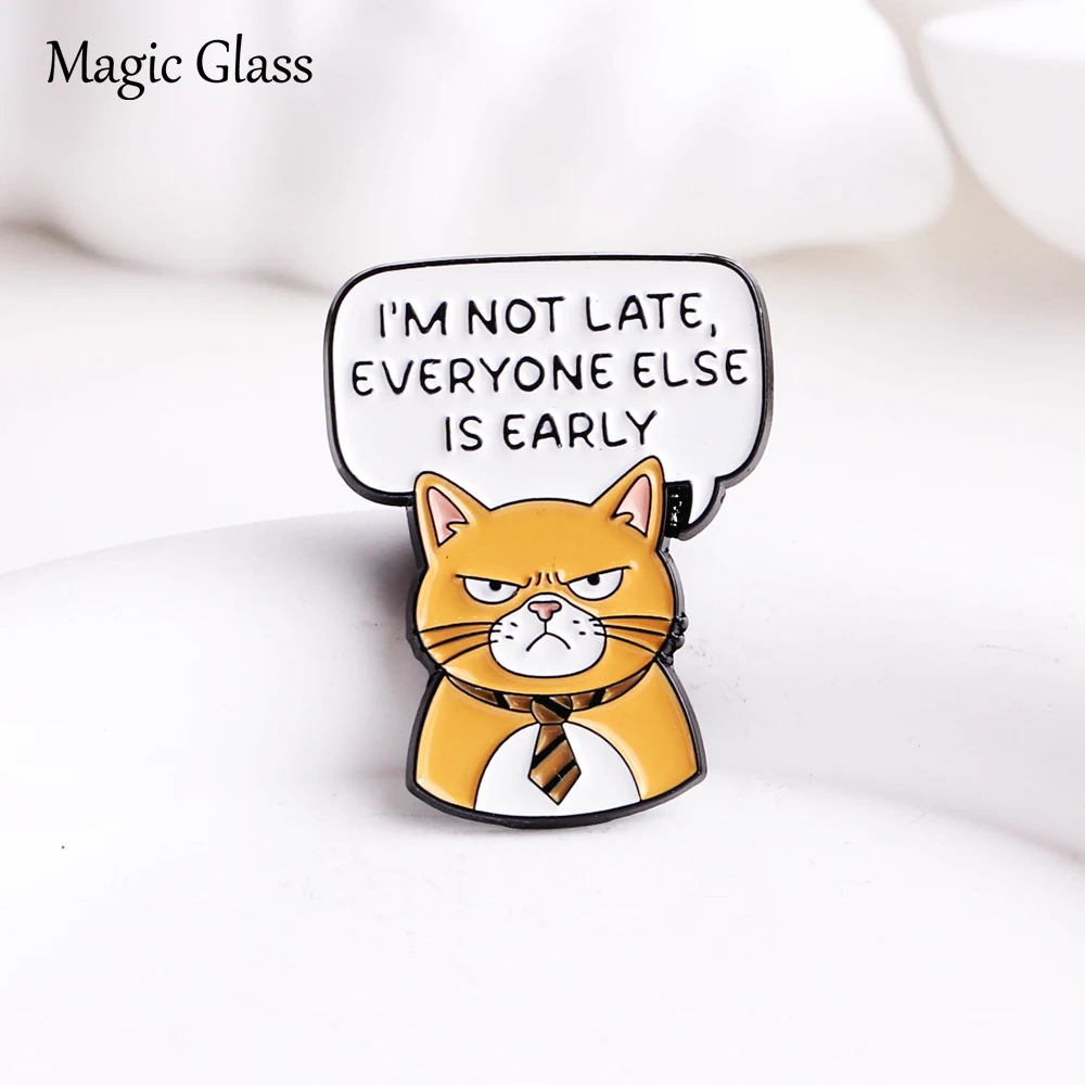Grumpy Orange Cat With Tie Lapel Brooch, Funny Sarcastic Quote Badge Backpack Clothing Bag Decor Jewelry Gift