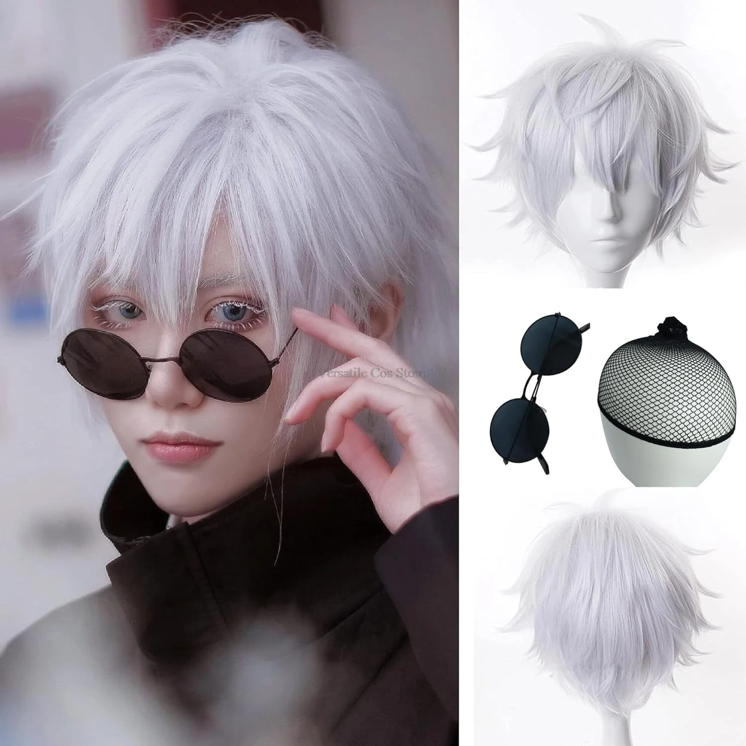 

Jujutsu Kaisen Gojo Satoru wig Cosplay Wig Silver Short Fluffy Layered Heat Resistant Synthetic Hair Wigs Eyepatch Glasses