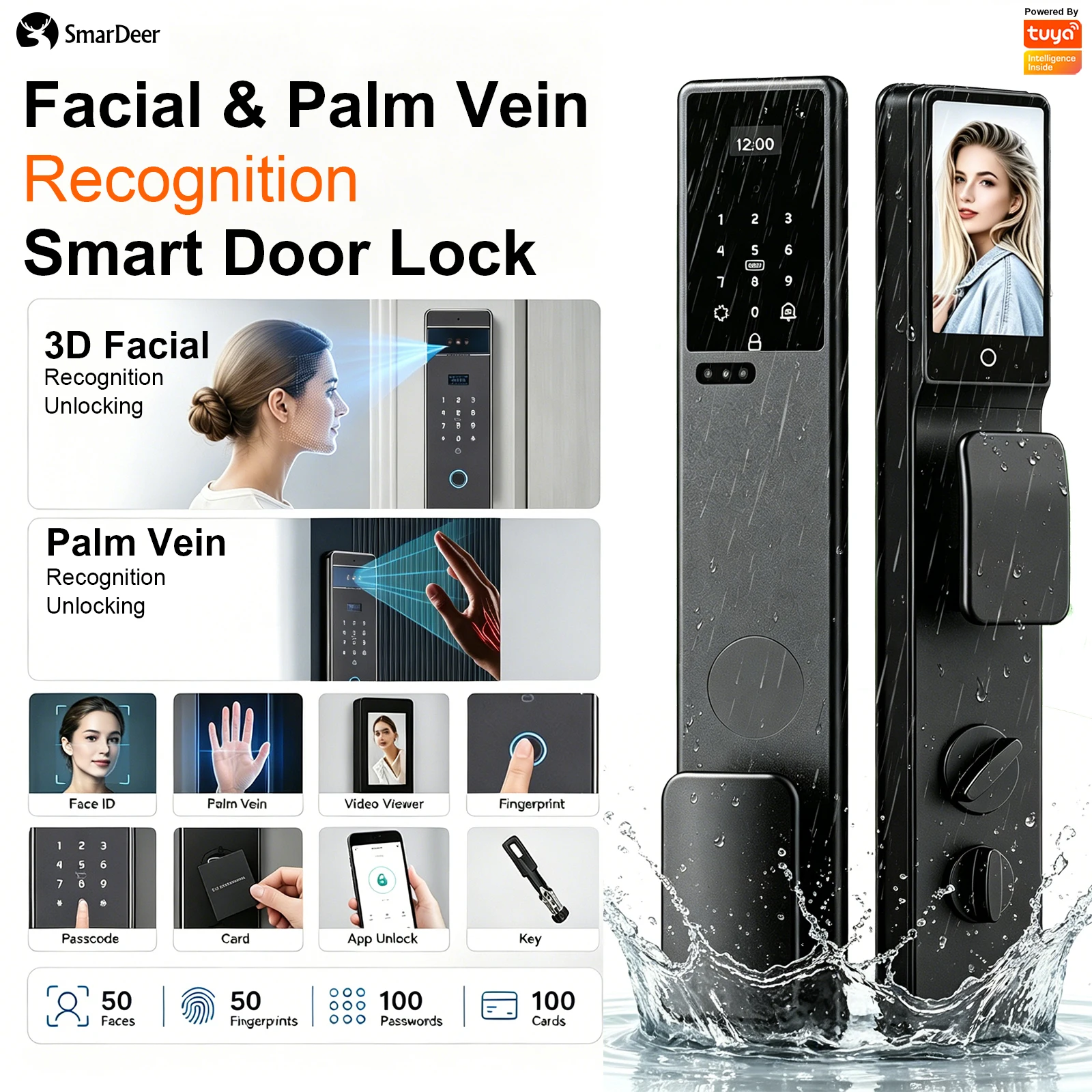 SmarDeerキーレススマートロックIP66防水3D顔認証 - Video Door Lock With Camera Peephole のレビューと価格