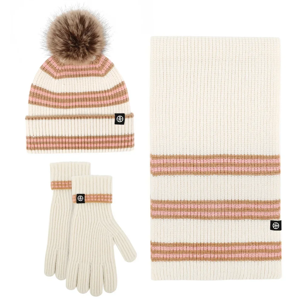 Winter Woolen Yarn Hat Acrylic Striped Knitted Wool Hat Scarf Glove Set Women Ladies Autumn Winter Cute Turban Cap