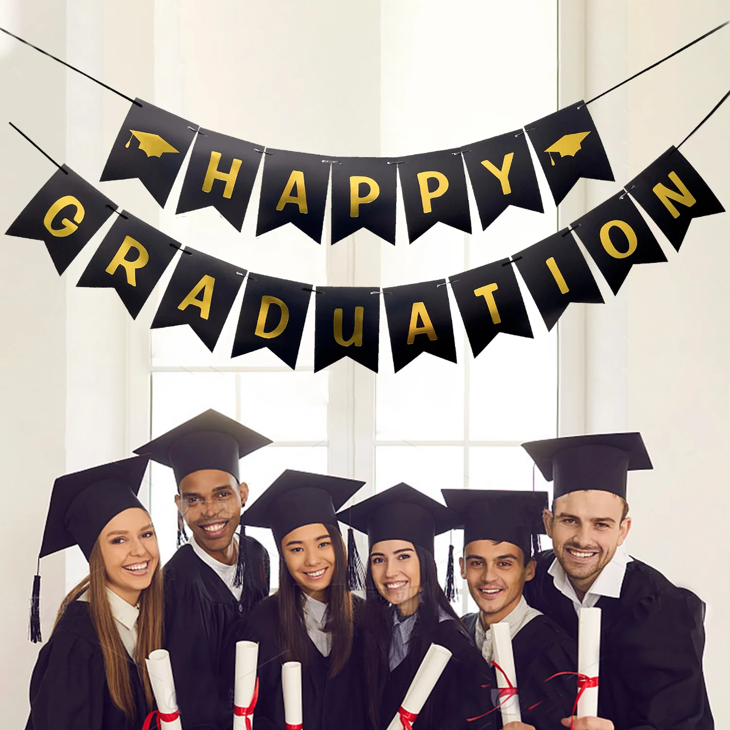 Happy Graduations Graduate Celebration Party Bachelor Cap Class of 2025 Congratulation Congrats Grad Paper Garland Banner Flags