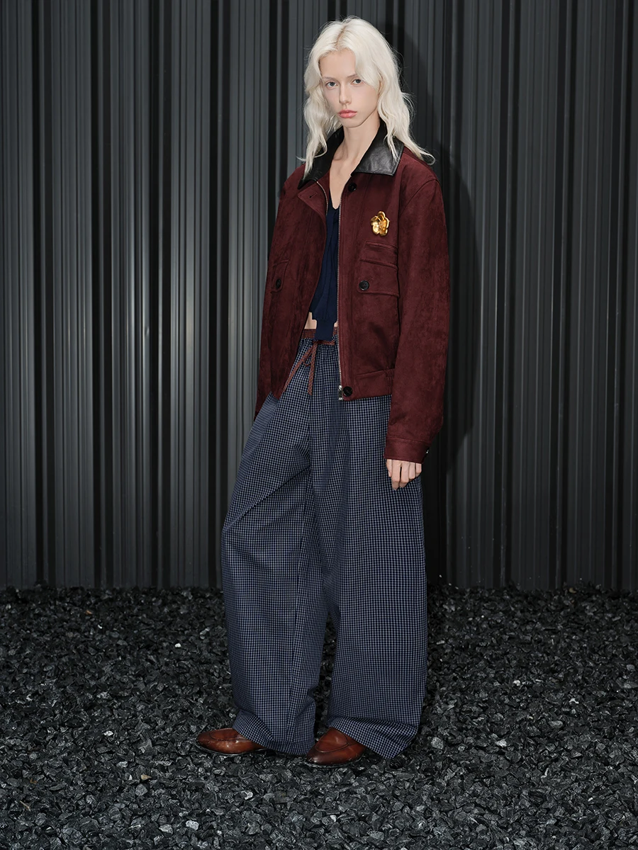 

Retro Pure Cotton Plaid Wide Leg Pants Casual Loose Women's Fashionable Early Autumn New Style High Waist Trousers