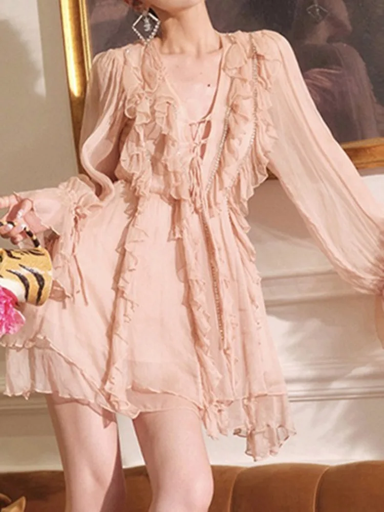 DEAT Fashion Trendy Spliced Diamond Chain Dress For Women 2024 Summer Solid Color Long Sleeve Ruffles Dresses Female New 15C140