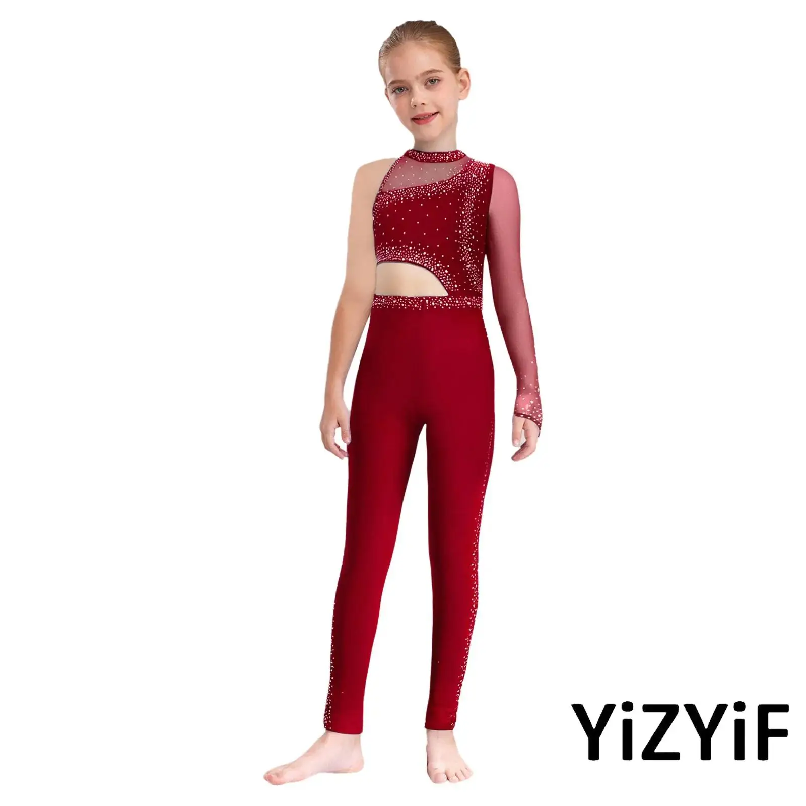 

Kids Girls Ballet Dance Costume Sheer Mesh Patchwork Asymmetrical Gymnastics Jumpsuit Rhinestones Full Body Leotard Dancewear