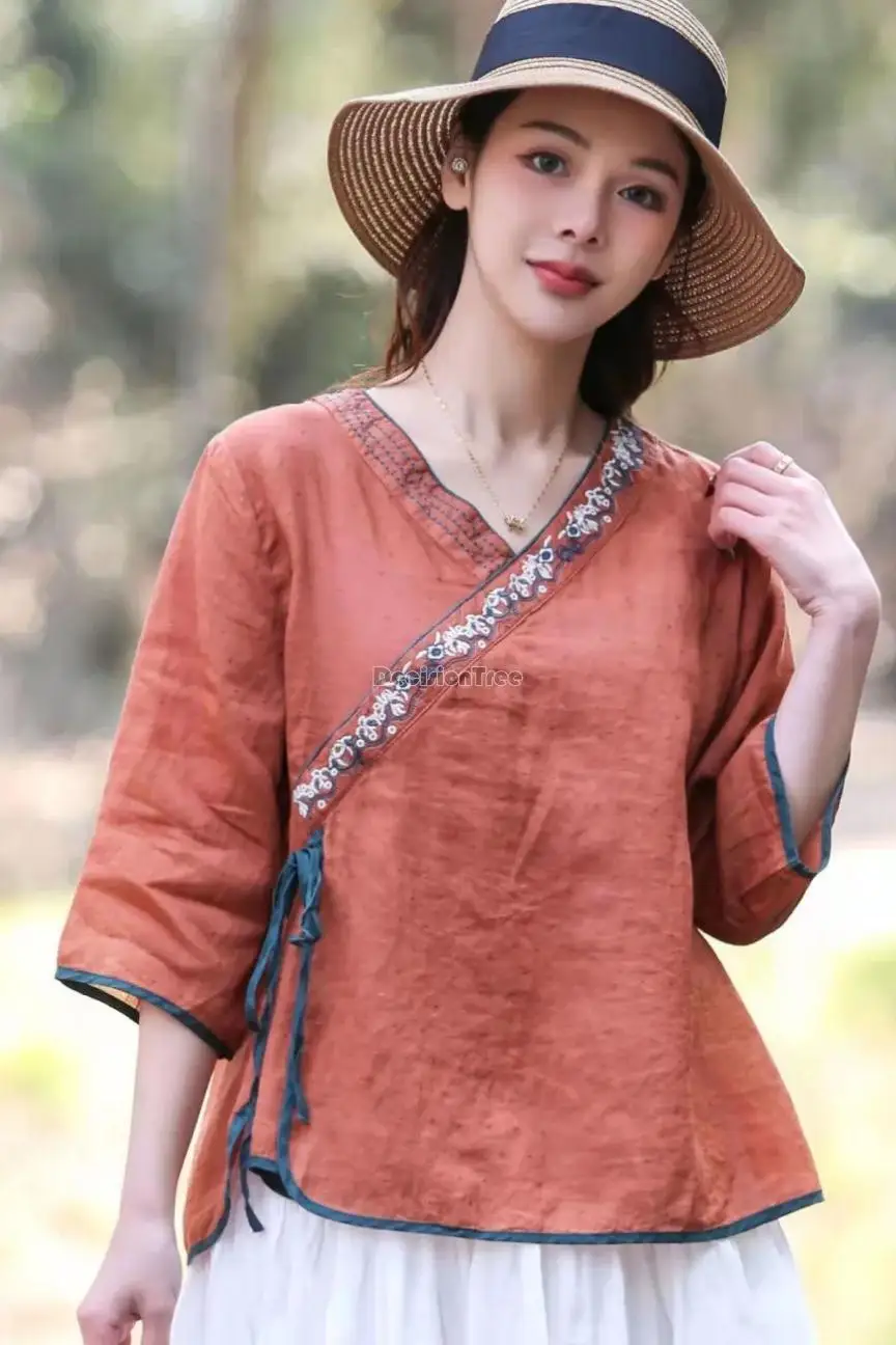 2024 Chinese women elegant blouse cotton linen embroidery ethnic style comfortable loose top comfortable oriental hanfu blouse