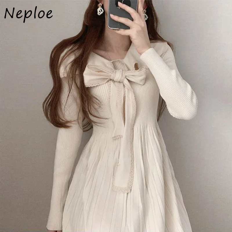 

Elegant Sailor Collar Lace Bow Bandage Dresses Women High Waist Knitted Pleated Vestido De Mujer Autumn New Knit Robe