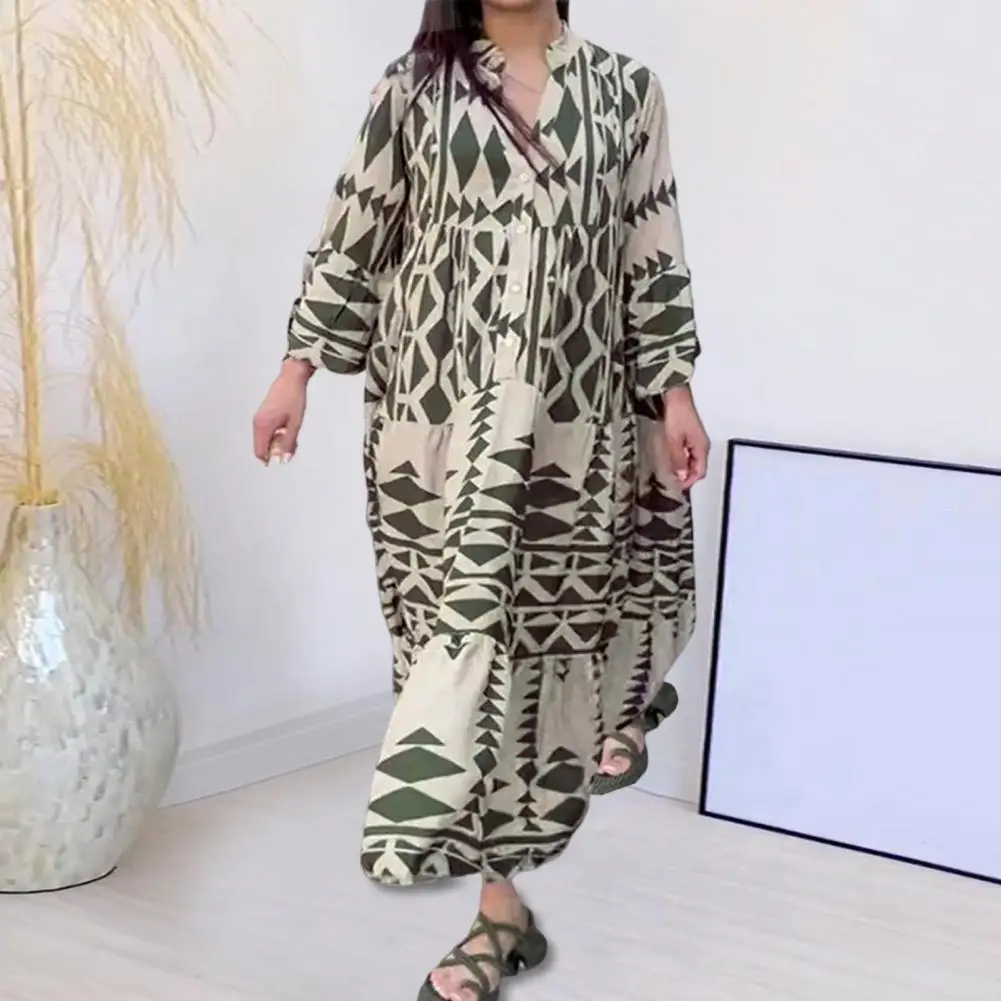 Gaun Maxi Bohemian wanita, Dress bercetak dengan kerah berdiri, cetakan tambal sulam warna-warni musim gugur musim semi bentuk A leher V
