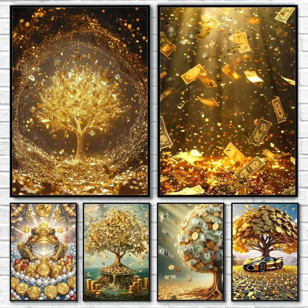

24K Golden Money Tree Cool Poster Sticky Wall Art Printing Waterproof Home Living Bed Room Bar Hallway Aesthetic Decor