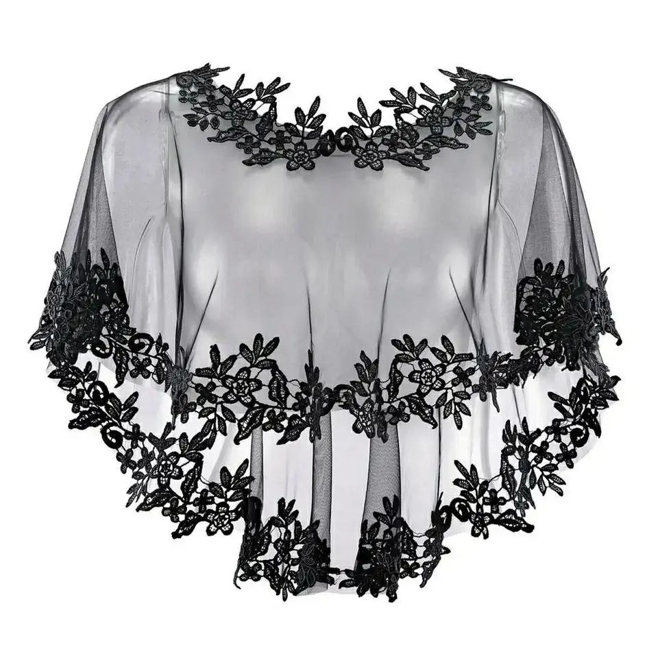 O-Neck Lace Short Sleeve Bridal Wedding Elegant Women Cape Summer Black Applique Tulle Evening Prom Cape Cosplay Shawl