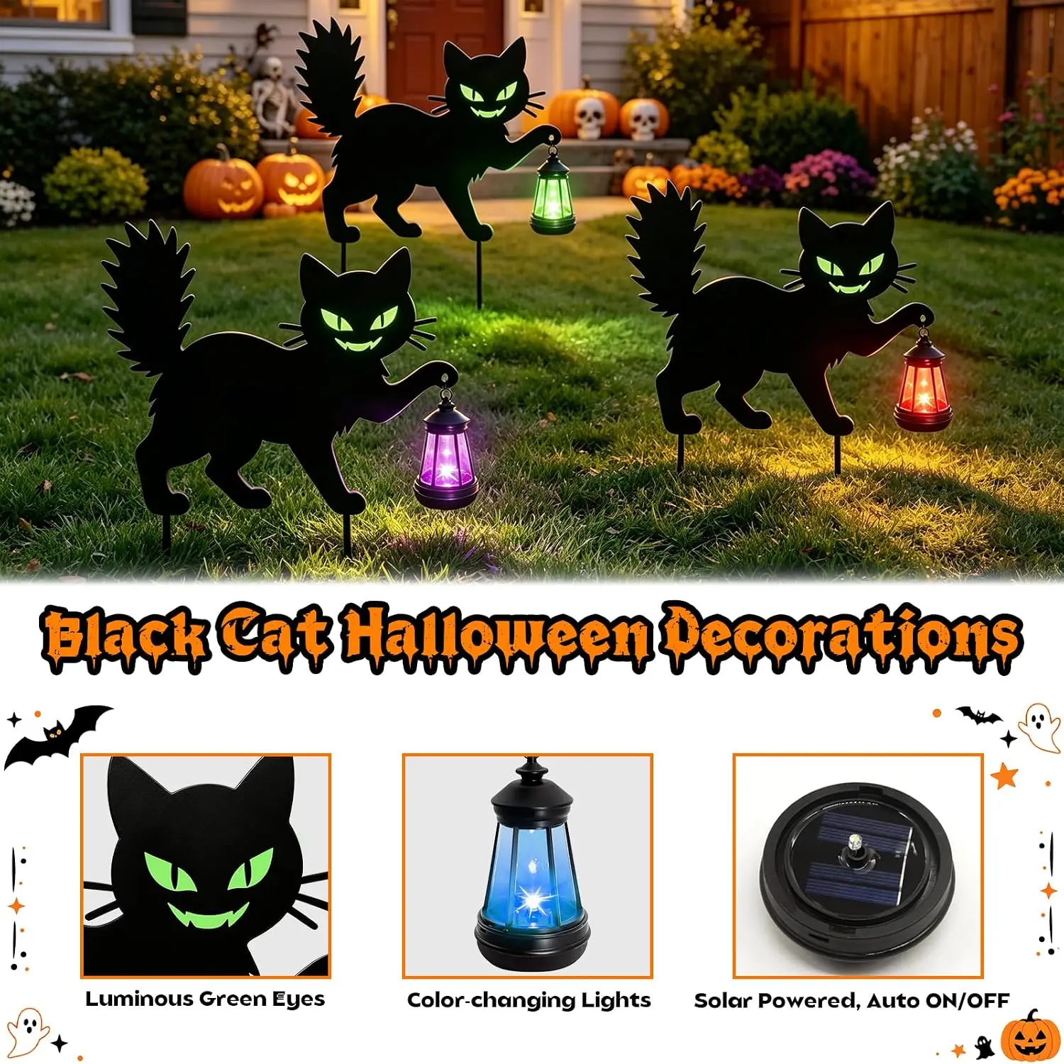 Spooky Halloween Black Cat Yard Signs with Lantern Holder Scary Silhouette Decorations with Glow-in-the-Dark Green Eyes