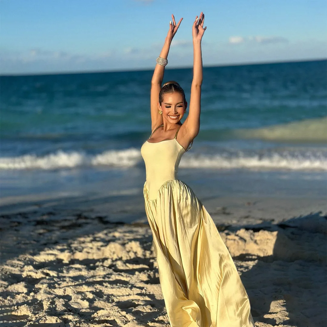 

Hot sale 2025 Elegant Dinner Party Club Party Dress Female Celebrity Sexy Sleeveless Yellow Backless Longline Skinny Wrap Skirt