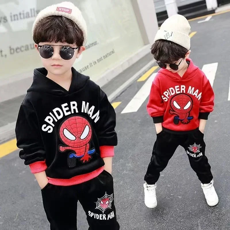 Children Clothing Set Winter Mickey Spiderman Kids Girl Outfit Boy Outwear Hooded Coat Pants 2PCS Toddler Warm Thick Tracksuit