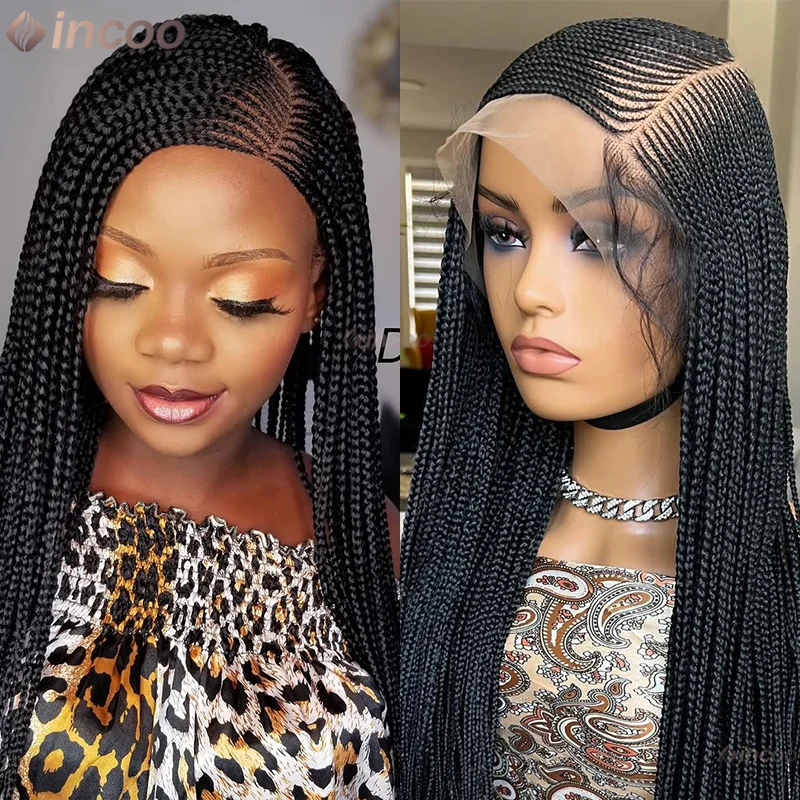 

36" Side Part Synthetic Braided Wigs Full Lace Front Wigs For Black Women Knotless Box Braiding Hair Wig Cornrow Braids Lace Wig