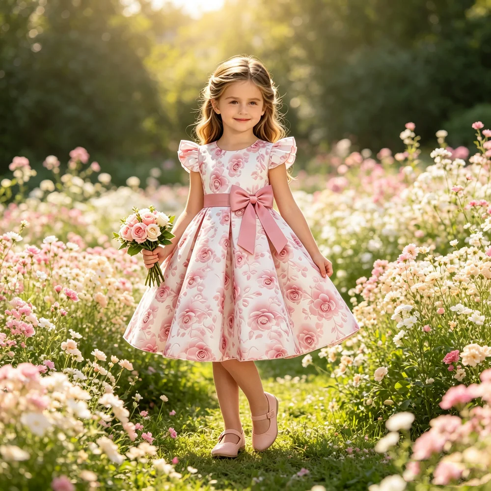 2026 Summer New Dress Europe and the United States Small Fly Sleeve Printed Dress Little Girl Host High-End Performance Clothing