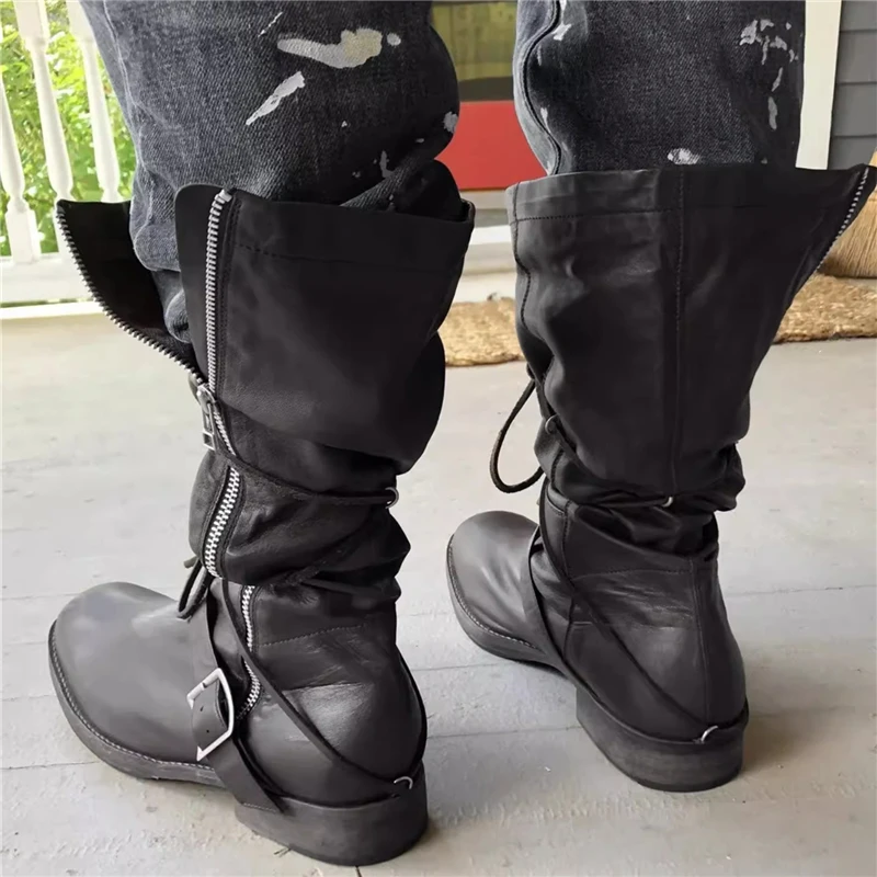Botas de cavaleiro masculinas de couro macio preto estilo retrô alça cruzada zíper lateral botas de cano médio moda sapatos de cowboy ocidental