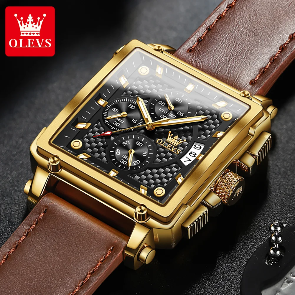 OLEVS Original Watch for Men Waterproof Stainless Steel Leather Strap Quartz Fashion Sports Chronograph Square Men Wristwatches