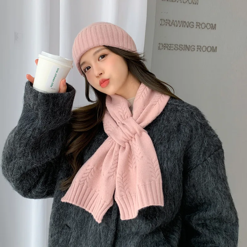 Women Scarf Shawl Girls Winter Warm Neckerchief Solid Color Wool Knitted Muffler Student Hat And Scarf Two-piece Set Accessories