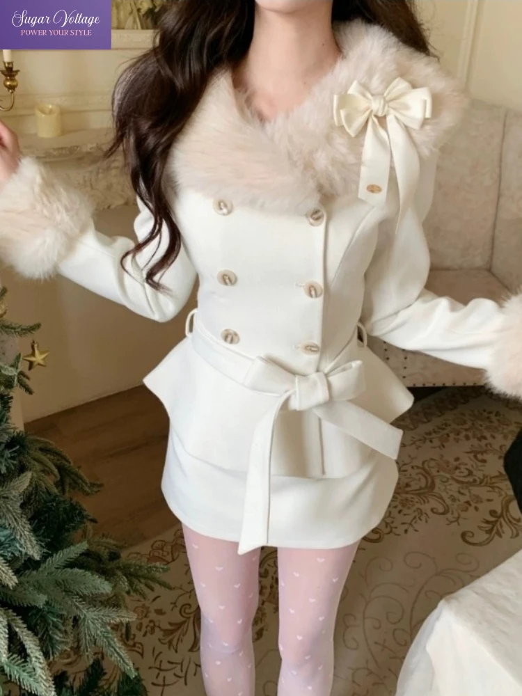 الفرنسية أنيقة تويد قطعتين مجموعة المرأة الشتاء الأبيض فو الفراء طوق معطف + تنورة دعوى شيك القوس الخصر مزدوجة الصدر الزي