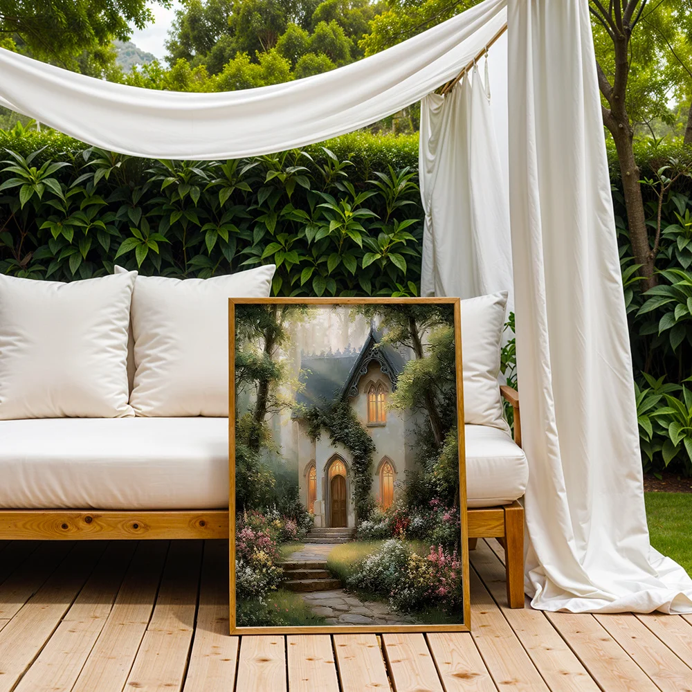 Forest cottage canvas wall decoration painting, bedroom and living room vintage home decoration gift, 2D printed poster