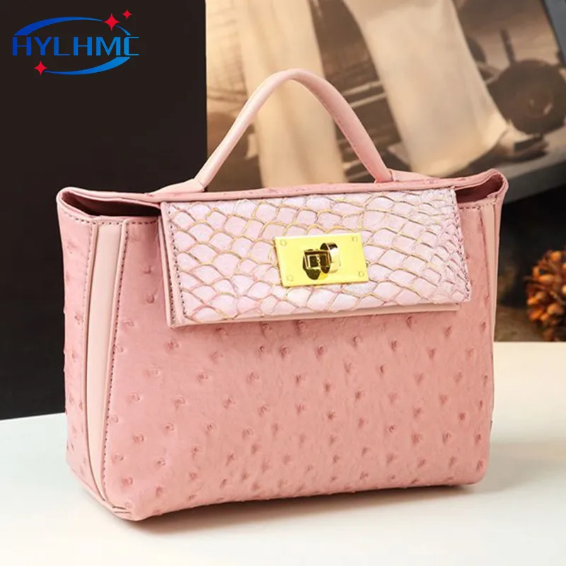 Ostrich-print Leather Women\'s Bag Luxury Fashion Locking Handbags Small Single Shoulder Crossbody Bag Portable Tote Bags 2024