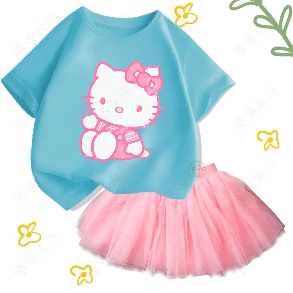 Nowa bawełniana koszulka dziecięca z nadrukiem Sanrio hello kitty Casual Comfort topy z tiulowym krótkim garniturem dla dziewczynek Kawaii Show