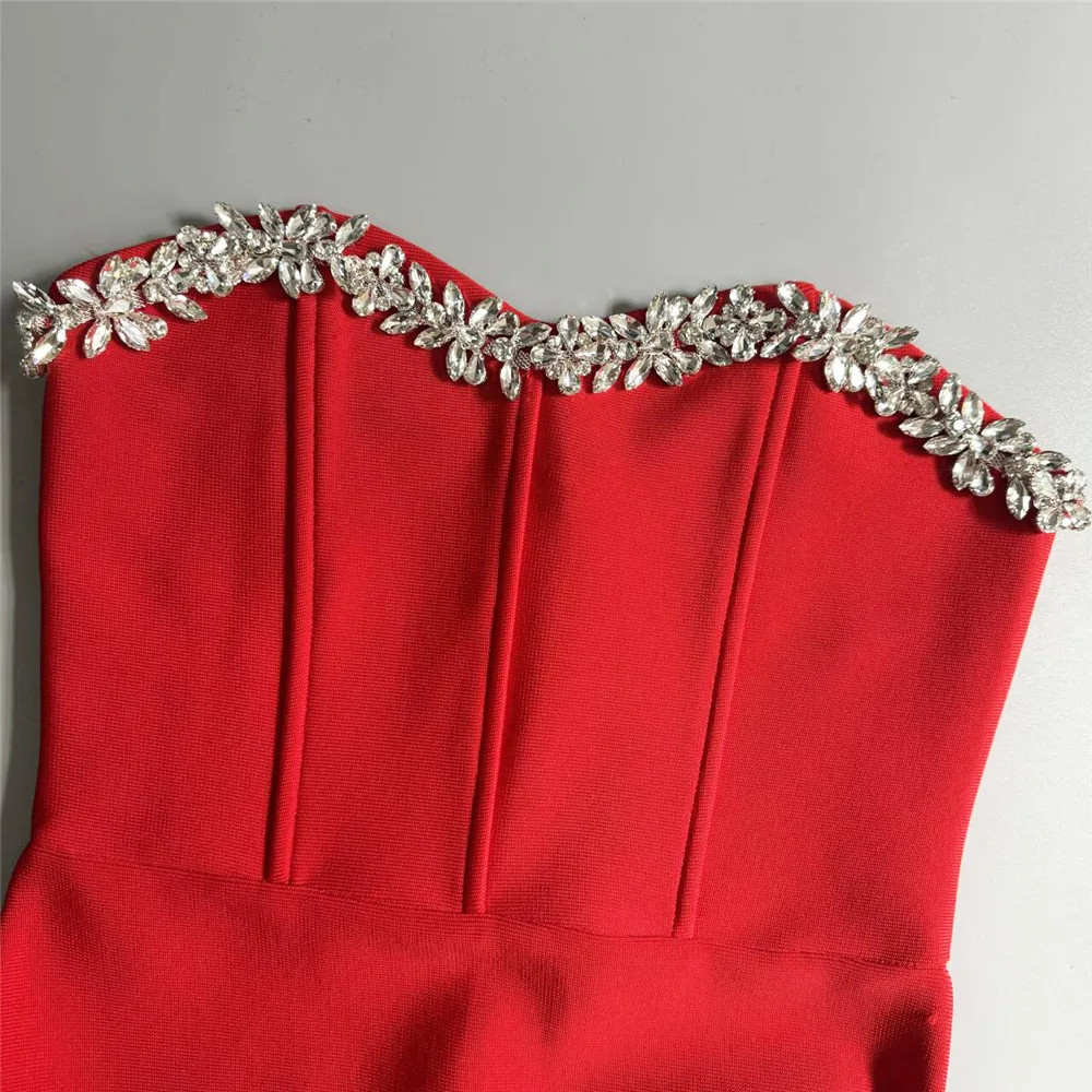 2024 Sexy Women\'S Nail Bead Rhinestone Bandage Dress Strapless Sleeveless Bodycon Backless Side Split Long Red Dress Vestidos