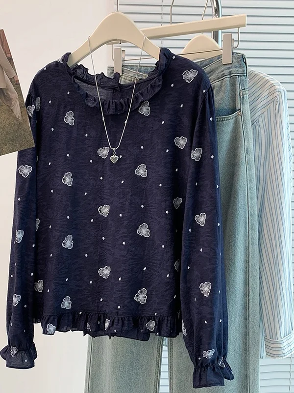 أصيلة الخريف Faion تنوعا جولة Ne irt طويلة Sve Ele المرأة أعلى تصميم الأذن الخشبية عارضة فضفاضة تناسب