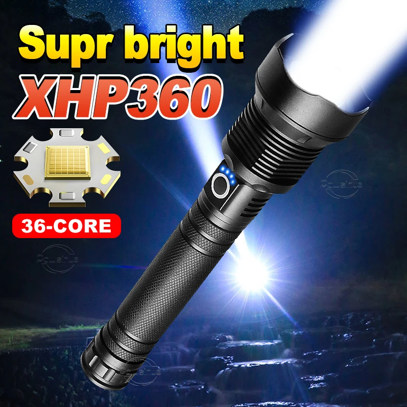 

Super Bright Flashlight XHP360 LED Rechargeable Lamp Waterproof Torch 5 Lighting Modes Ultra Powerful Lantern Outdoor Lights