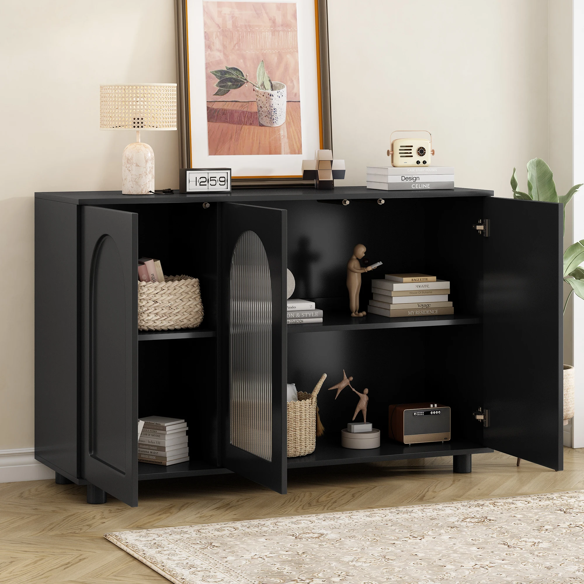 Buffet et étagère à 3 portes, verre texturé, étagères réglables et ouverture par pression pour salon en MDF noir