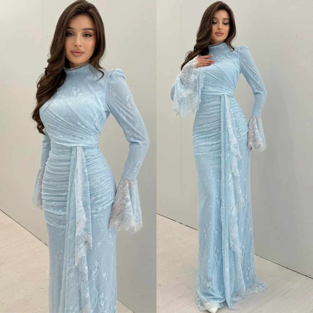 

Customized Elegant High Collar Evening Dress Exquisite Mermaid Prom Dresses Sexy Long Sleeves Lace Special Occasion Gowns