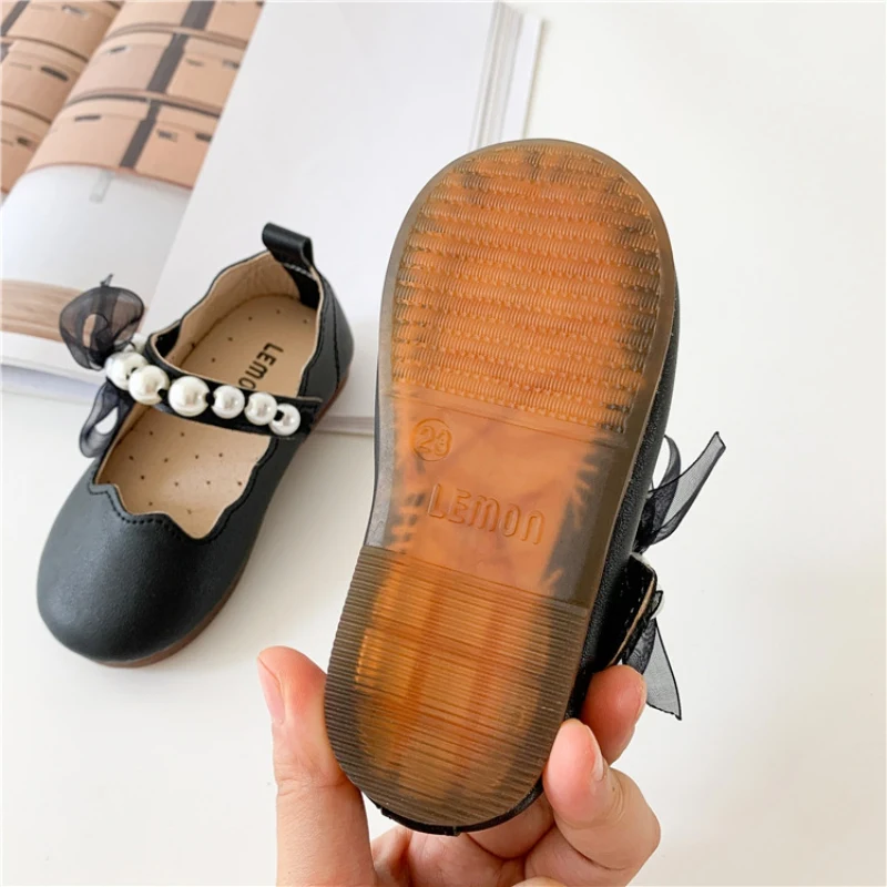 Autumn Girls Children Solid Leather Shoes Cute Pearl Mesh Lace Soft Sole Princess Shoes Newborn Kids Elegant Casual Dance Shoes