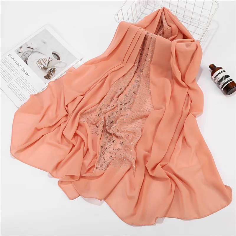 72x175cm Fashion Rhinestone Chiffon Scarf Lady Muslim Hijab Luxury Bead Pearl Scarves Shawl Women Long Scarf Shawl image 3
