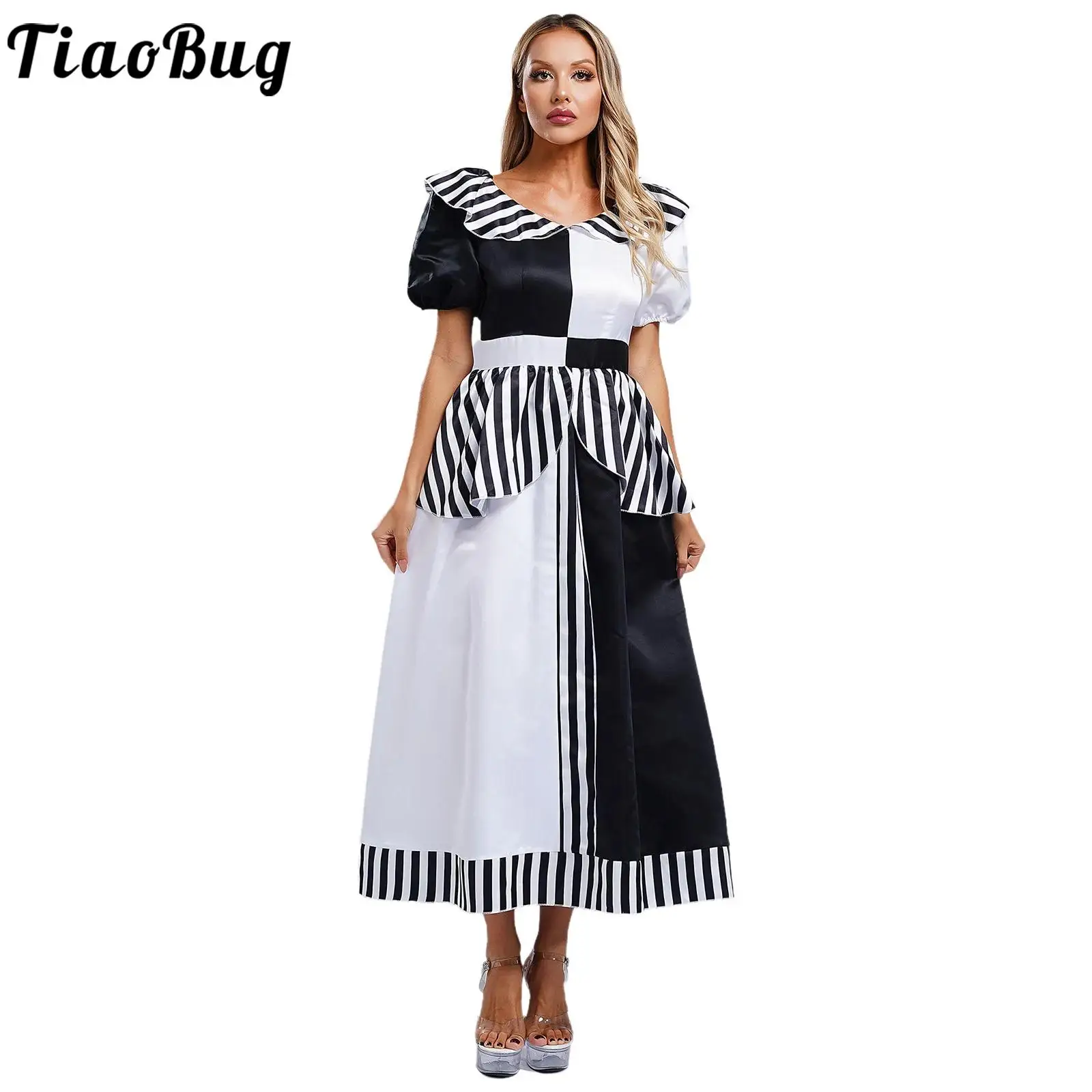 

Women Clown Dress Killer Costume Short Sleeve Zipper Tutu Dance Dress for Role Halloween Play Party Cosplay Performance